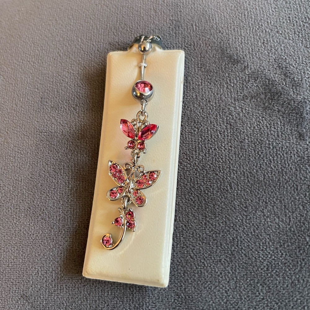 Pink Butterfly Dangle Belly Ring